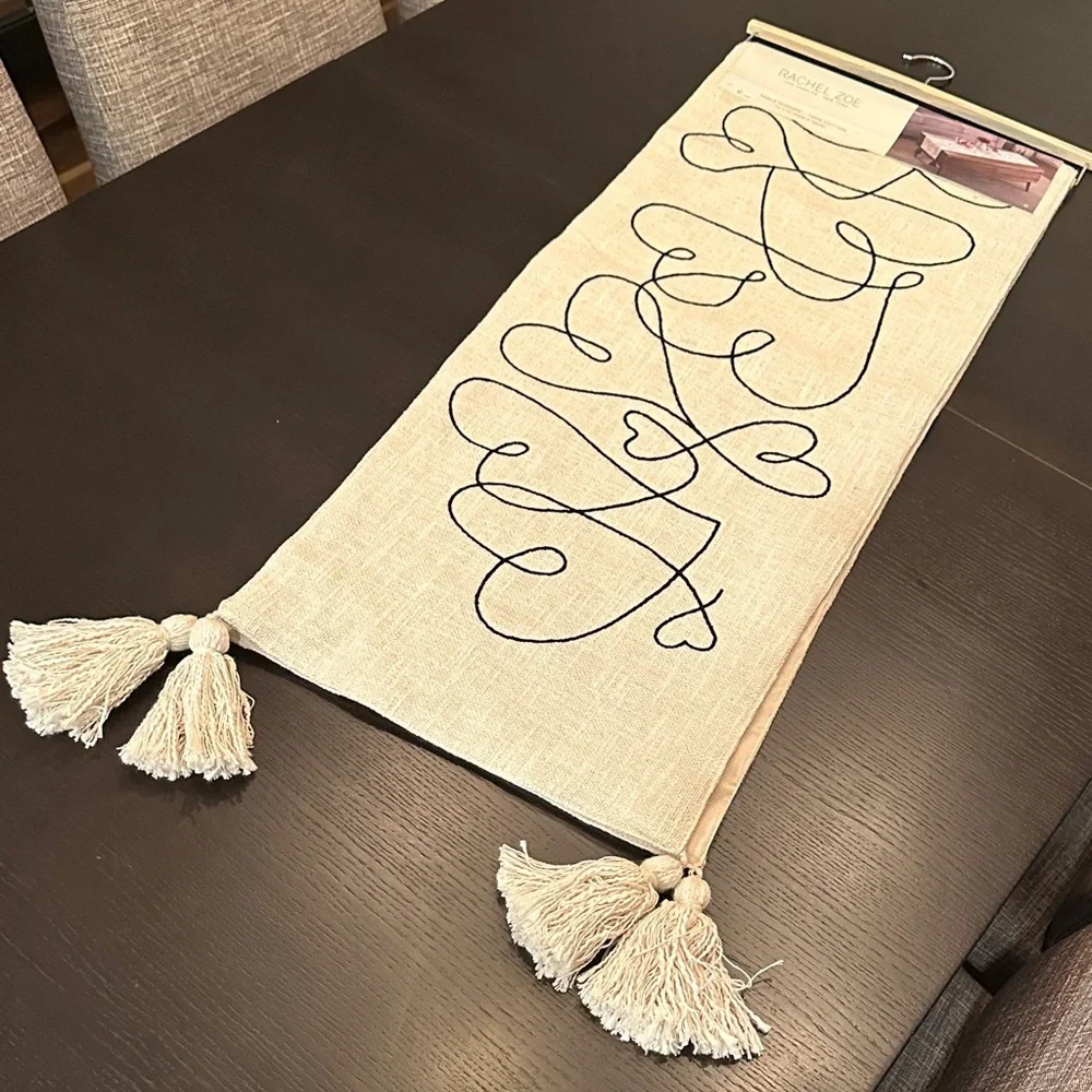 Rachel Zoe Cream and Black Table Runner with tassels.